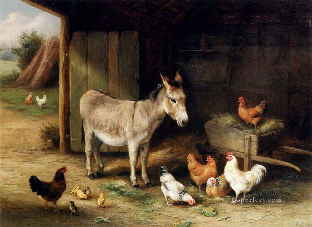 Esel Hennen und Hühner in einer Scheune Bauernhof Tiere Edgar Hunt Ölgemälde